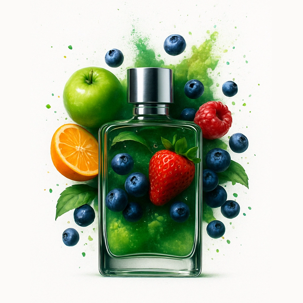 Perfume bottle with fruit ingredients
